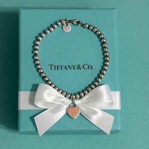 Authentic Tiffany & Co. 4mm Bead Bracelet Pink Enamel Mini Heart Tag